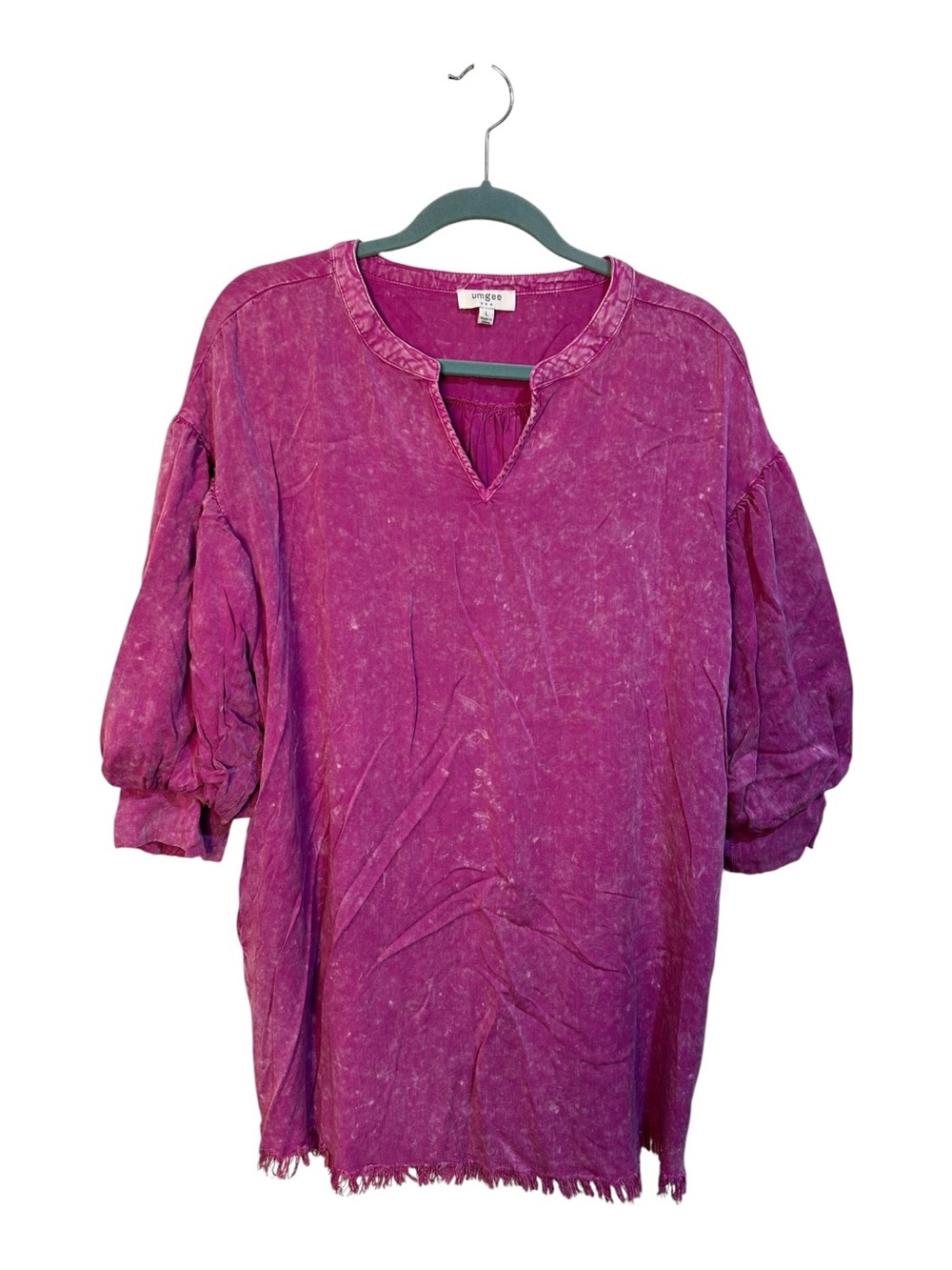 Umgee Magenta Mineral-Wash V-Neck Puff Sleeve Tunic size large